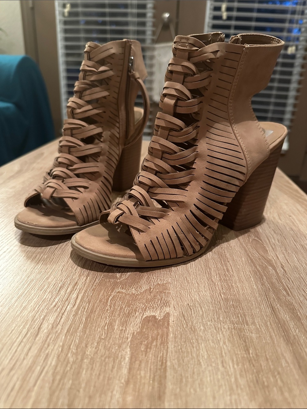 Woven Lace-Up Block Heels
